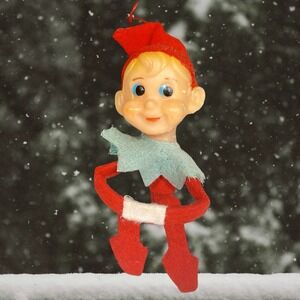 Vintage 1950s Felt Pixie Elf Knee Hugger Ornament Shelf Sitter Rubber Face 4"